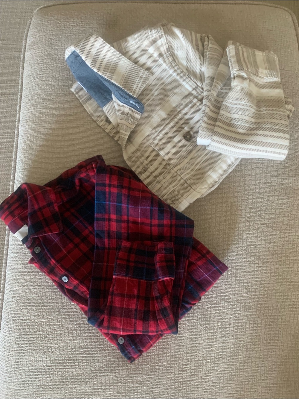 Red Plaid Flannel from LOFT & Cream/Brown Cotton Tweed from Old Navy.